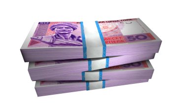 50 Karadağ Perper Banknotes 'un 3D Görünümü Beyaz Arkaplanda Para Yığını