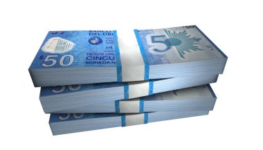 50 Uruguay Pezosu 'nun 3D Görünümü Beyaz Arkaplanda Para Yığını