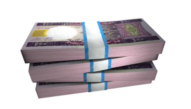 Moritanya 'nın 3 boyutlu resmi Ougiya Banknotları Beyaz Arkaplanda Para Yığını
