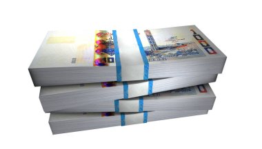Cezayir Banknotları 'nın 3B Görünümü Beyaz Arkaplanda Para Yığını
