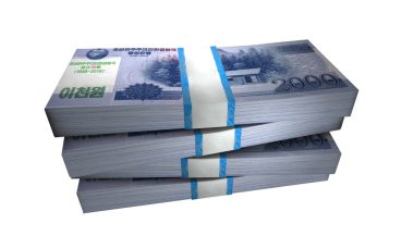 2000 Kuzey Kore 'nin 3D Görünümü Banknotlar Para Yığını Beyaz Arkaplanda