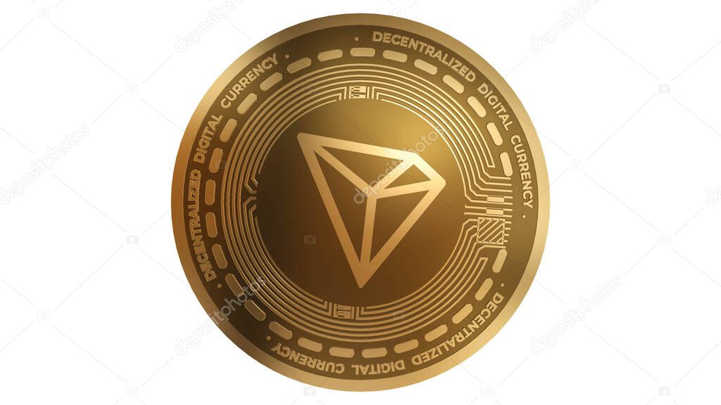 3D Render of Gold Tron TRX Cryptocurrency Sign Isolated on a White Background