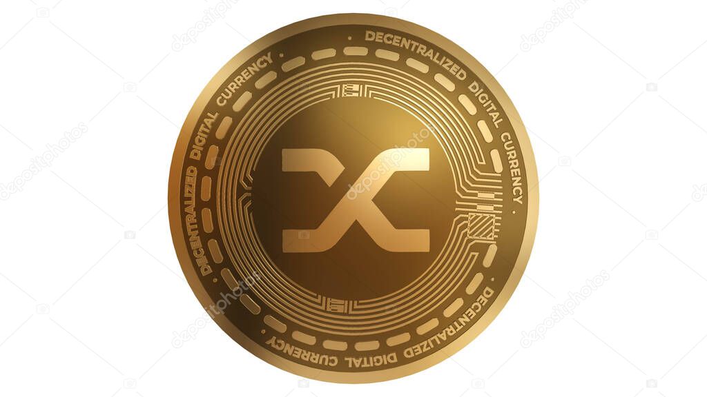 3D Render of Gold Synthetix Network SNX Cryptocurrency Sign Isolated on a White Background