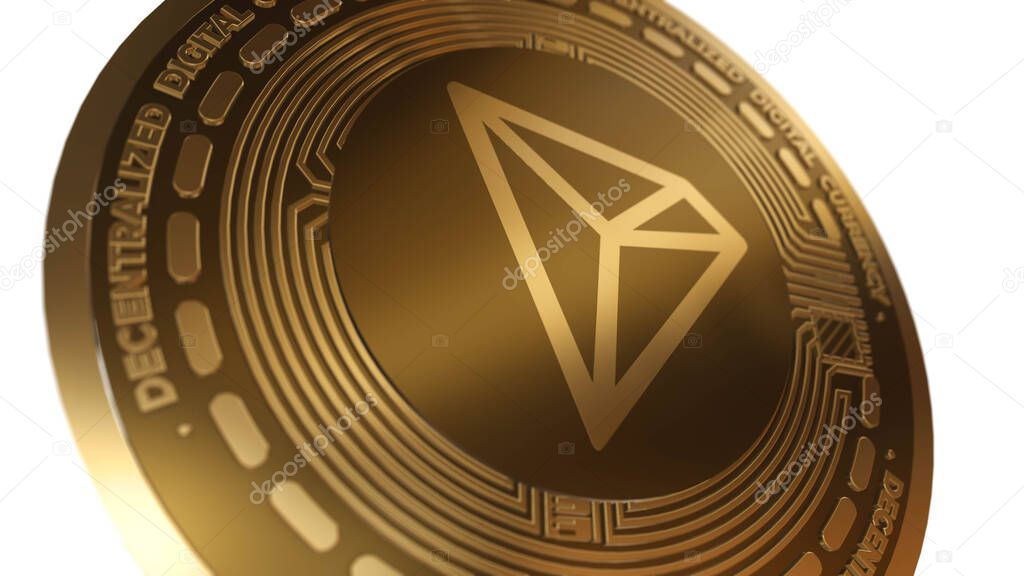 Golden Cryptocurrency of Tron TRX Sign Isolated on a White Background