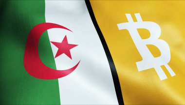 3 boyutlu Bitcoin ve Cezayir bayrağı sallama