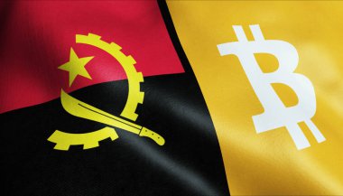 3 boyutlu Bitcoin ve Angola bayrağı sallama