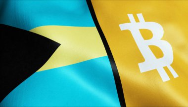 3 boyutlu Bitcoin ve Bahamalar bayrağı sallama