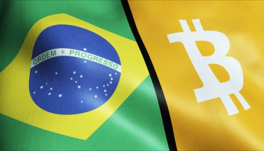 3 boyutlu Bitcoin ve Brezilya bayrağı sallama