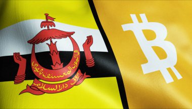 3 boyutlu Bitcoin ve Brunei bayrağı sallama