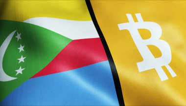 3 boyutlu Bitcoin ve Komoros bayrağı sallama