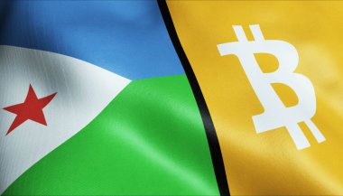 3 boyutlu Bitcoin ve Cibuti bayrağı sallama