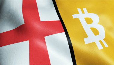 3 boyutlu Bitcoin ve İngiltere bayrağı sallama