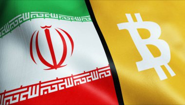3 boyutlu Bitcoin ve İran bayrağı sallama