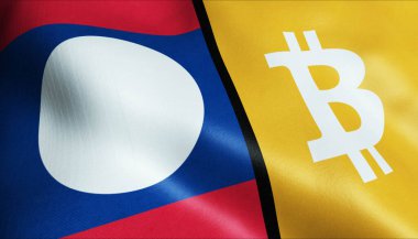 3 boyutlu Bitcoin ve Laos bayrağı sallama