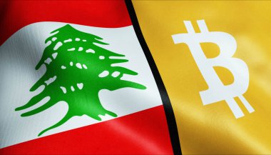 3 boyutlu Bitcoin ve Lübnan bayrağı sallama