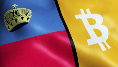 3 boyutlu Bitcoin ve Lihtenştayn bayrağı sallama