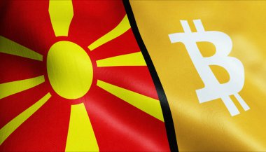 Bitcoin ve Makedonya bayrağını sallayan 3D Görüntü