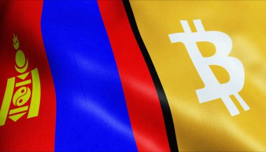3 boyutlu Bitcoin ve Moğolistan bayrağı sallama