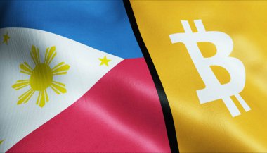 3 boyutlu Bitcoin ve Filipinler bayrağı sallama