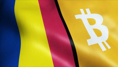 Bitcoin ve Romanya bayrağını sallamanın 3D İllüstrasyonu