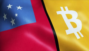 3 boyutlu Bitcoin ve Samoa bayrağı sallama