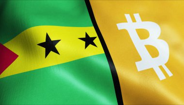 3 boyutlu Bitcoin ve Sao Tome bayrağı sallama
