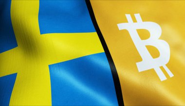 3 boyutlu Bitcoin ve İsveç bayrağı sallama