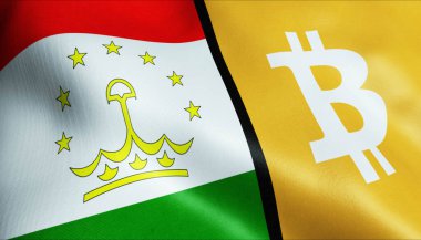3 boyutlu Bitcoin ve Tacikistan bayrağı sallama
