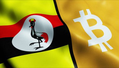 3 boyutlu Bitcoin ve Uganda bayrağı sallama