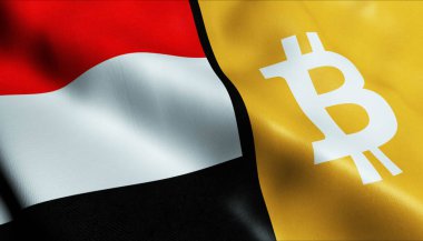 3 boyutlu Bitcoin ve Yemen bayrağı sallama