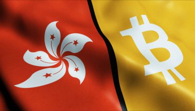3 boyutlu Bitcoin ve Hong Kong bayrağı sallama