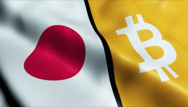 3 boyutlu Bitcoin ve Japon bayrağı sallama
