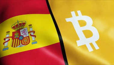 3 boyutlu Bitcoin ve İspanya bayrağı sallama