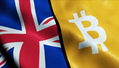 3 boyutlu Bitcoin ve Birleşik Krallık bayrağı sallama
