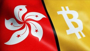 3 boyutlu Bitcoin ve Hong Kong bayrağı sallama