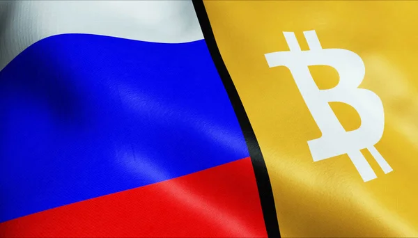 3 boyutlu Bitcoin ve Rusya bayrağı sallama