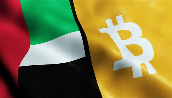 3 boyutlu Bitcoin ve Birleşik Arap Emirlikleri bayrağı sallama