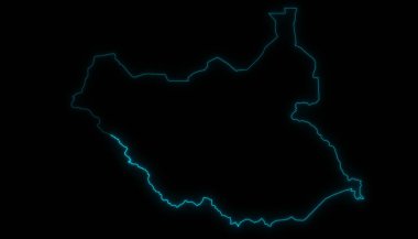 Siyah arkaplanda parlayan Güney Sudan ana hatlarının soyut haritası