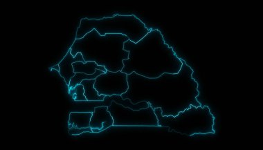 Siyah arkaplanda parlayan bölgelerle Senegal 'in soyut harita anahatları