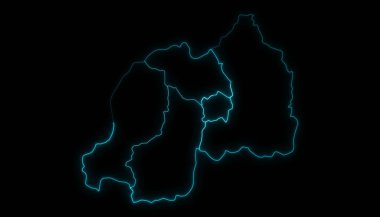 Ruanda 'nın özet haritası, siyah arkaplanda parlayan vilayetler.