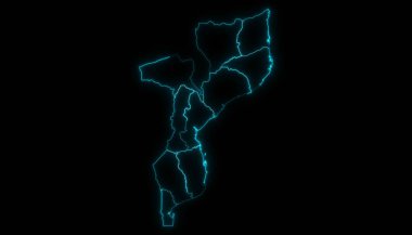 Mozambik 'in özet haritası, siyah arkaplanda parlayan vilayetler.