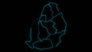 Mauritius 'un özet haritası ve siyah arkaplanda parlayan ana hatları