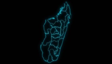 Madagaskar 'ın soyut haritası. Siyah arka planda parlayan bölgeler.