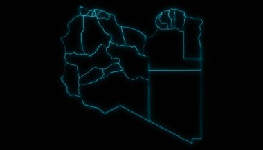 Libya 'nın soyut harita anahatları ve siyah arkaplanda parlayan dağıtımlarıyla