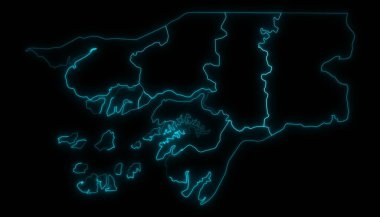 Siyah arka planda parlayan bölgelerle Gine Bissau 'nun soyut haritası