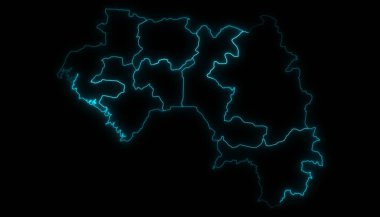 Siyah arkaplanda parlayan bölgelerle Gine 'nin soyut harita anahatları