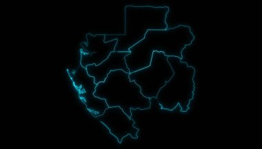 Gabon 'un özet haritası, siyah arkaplanda parlayan vilayetler.