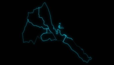 Eritre 'nin soyut harita anahatları ve siyah arkaplanda parlayan bölgeler