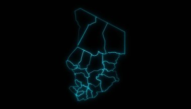 Siyah arka planda parlayan bölgelerle Chad 'in soyut haritası.