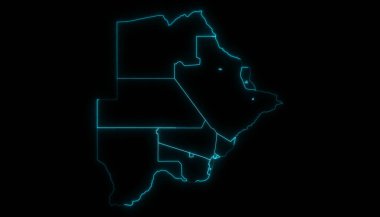 Siyah arkaplanda parlayan Botswana Bölgelerinin soyut haritası